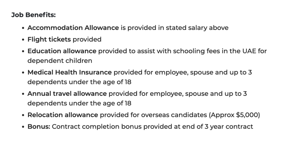 example of a job board listing with job benefits that include education allowance for dependent children
