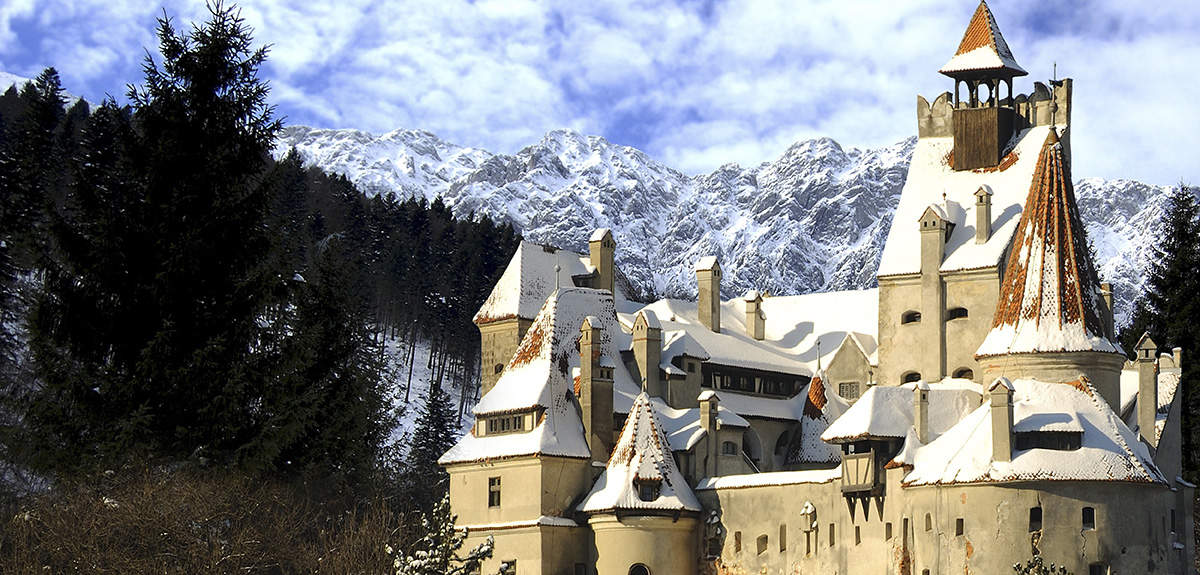 Picturesque view of snow capped spires in winter in Romania