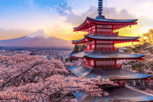 Fujiyoshida Japan view of Mount Fuji and Chureito pagoda at sunset