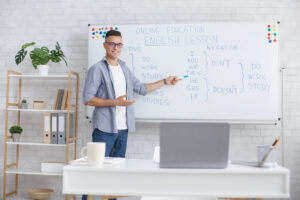 What is ESL teacher. Photo of ESL teacher in front of whiteboard.