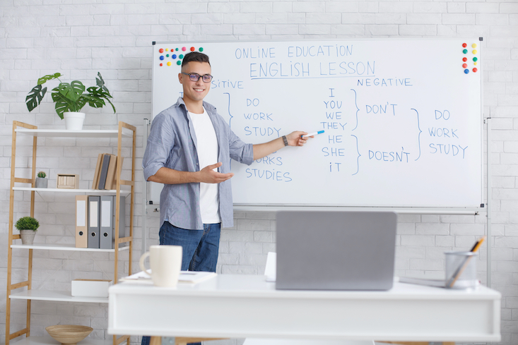 What is ESL teacher. Photo of ESL teacher in front of whiteboard.