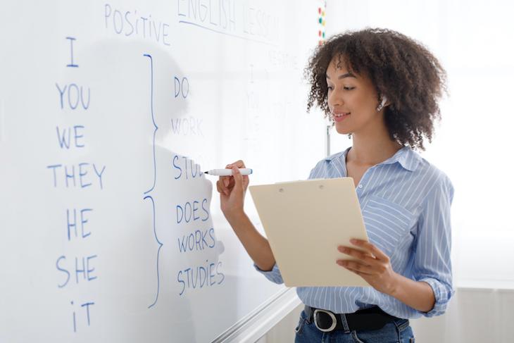 Photo of ESL teacher writing on white board. What is ESL teacher?