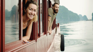 2 esl teachers applying for esl teaching jobs in vietnam on a cruise along ha long bay
