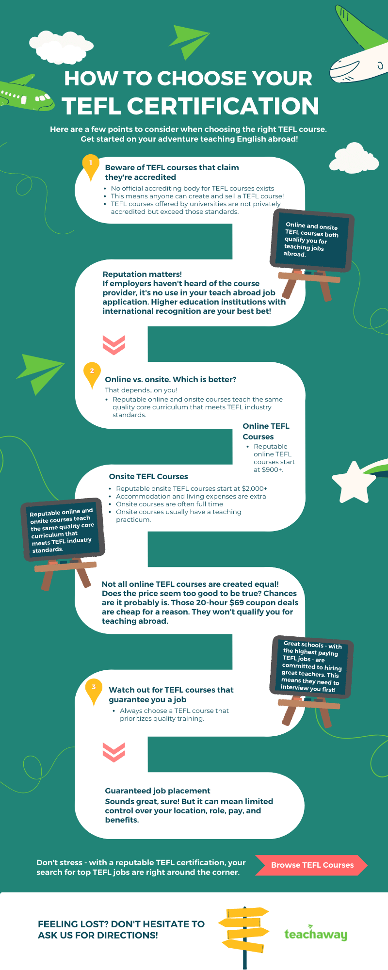 How to choose a TEFL course infographic - points to consider as you get started on your adventure teaching English abroad!

Number one. Beware of TEFL courses that claim they're accredited. No official accrediting body for TEFL courses exists. This means anyone can create and sell a TEFL course!
TEFL courses offered by universities are not privately accredited but exceed those standards.

Number two. Online vs onsite. Which is better? That depends on you! Reputable online and onsite courses teach the same quality core curriculum that meets TEFL industry standards. Online TEFL courses: reputable online TEFL courses start at $900 plus. Onsite TEFL courses start at $2,000 plus. 
Accommodation and living expenses are extra. Onsite courses are often full time. Onsite courses usually have a teaching practicum. 

Number three. Watch out for TEFL courses that guarantee you a job. Always choose a TEFL course that prioritizes quality training. 

Guaranteed job placement sounds great...but it can mean limited control over your location, role, pay, and benefits. 

Don't stress. With a reputable TEFL certification, your search for top TEFL jobs are right around the corner. Click here to browse TEFL courses.



