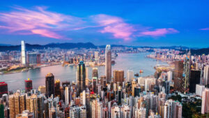 hong kong skyline at dusk at the end of the secondary school day in hong kong