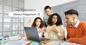 teachers sitting at a desk using chatgptzero AI to detect plagiarism in student homework