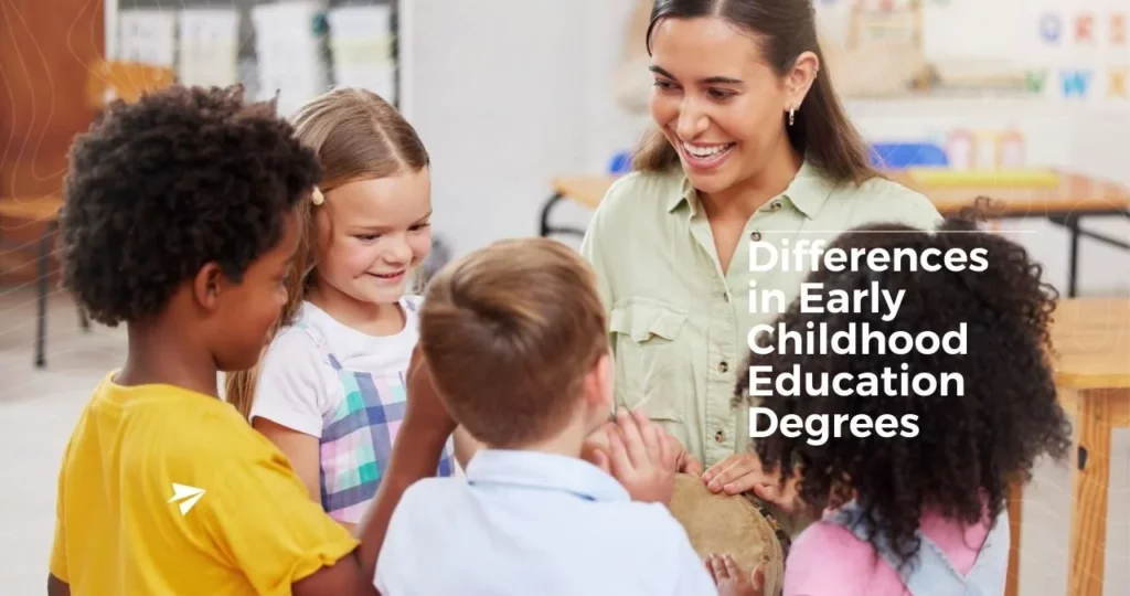 kindergarten teacher with early childhood education degree teaching happy kindergarten students