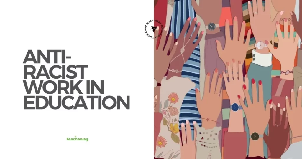 multi colored hand illustration working together to achieve anti racism in the classroom