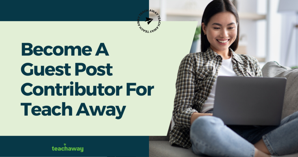 happy teacher at laptop guest posting for teach away blog