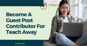 happy teacher at laptop guest posting for teach away blog