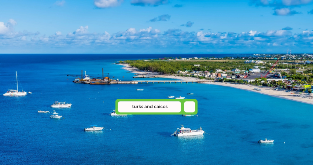 An aerial view along the coast of the island of Grand Turk on a bright sunny morning