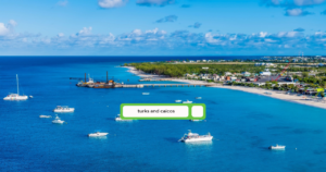 An aerial view along the coast of the island of Grand Turk on a bright sunny morning
