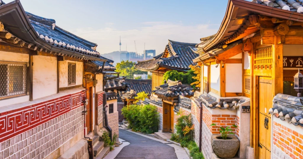 view of Sunrise of Bukchon Hanok Village in Seoul, South Korea.