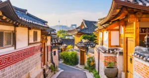 view of Sunrise of Bukchon Hanok Village in Seoul, South Korea.