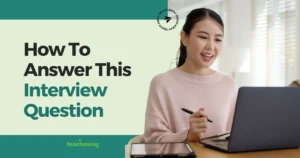 teacher answering interview questions during virtual hiring fair