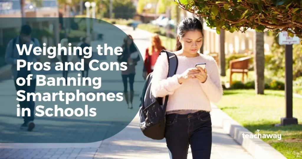 student at school walking with a cell phone