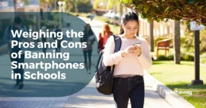 student at school walking with a cell phone
