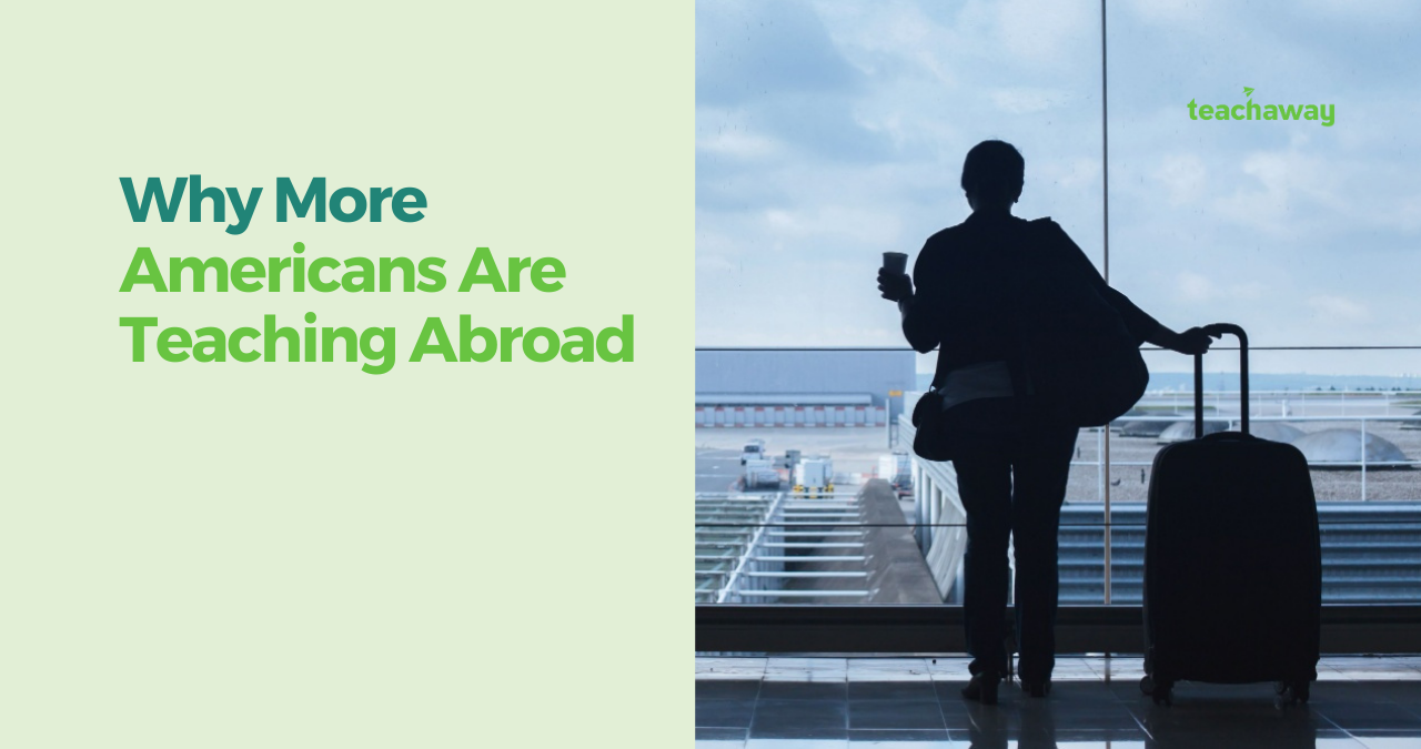 american at the airport ready to teach abroad