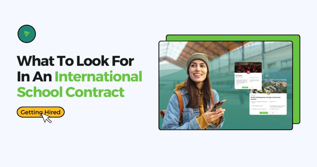 teacher abroad reading an international school contract on her phone at a train station