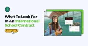 teacher abroad reading an international school contract on her phone at a train station
